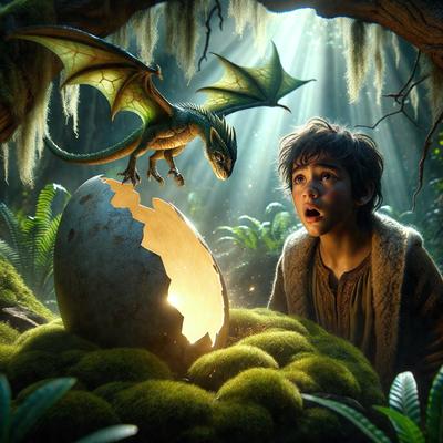 The primary subject of the image is a young boy standing in a forest, surrounded by a variety of plants and trees. He is looking at a dragon, which is perched on top of an egg. The setting is a lush, green forest, and the visual style appears to be a combination of photo and digital art. The colors and mood of the image are vibrant and lively, with the boy's expression conveying a sense of wonder and curiosity.